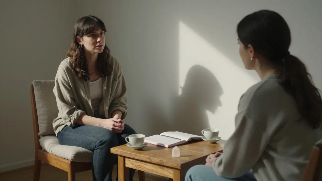Dva lidé se během konzultace klidně baví v terapeutickém prostoru, v atmosféře důvěry a klidu.