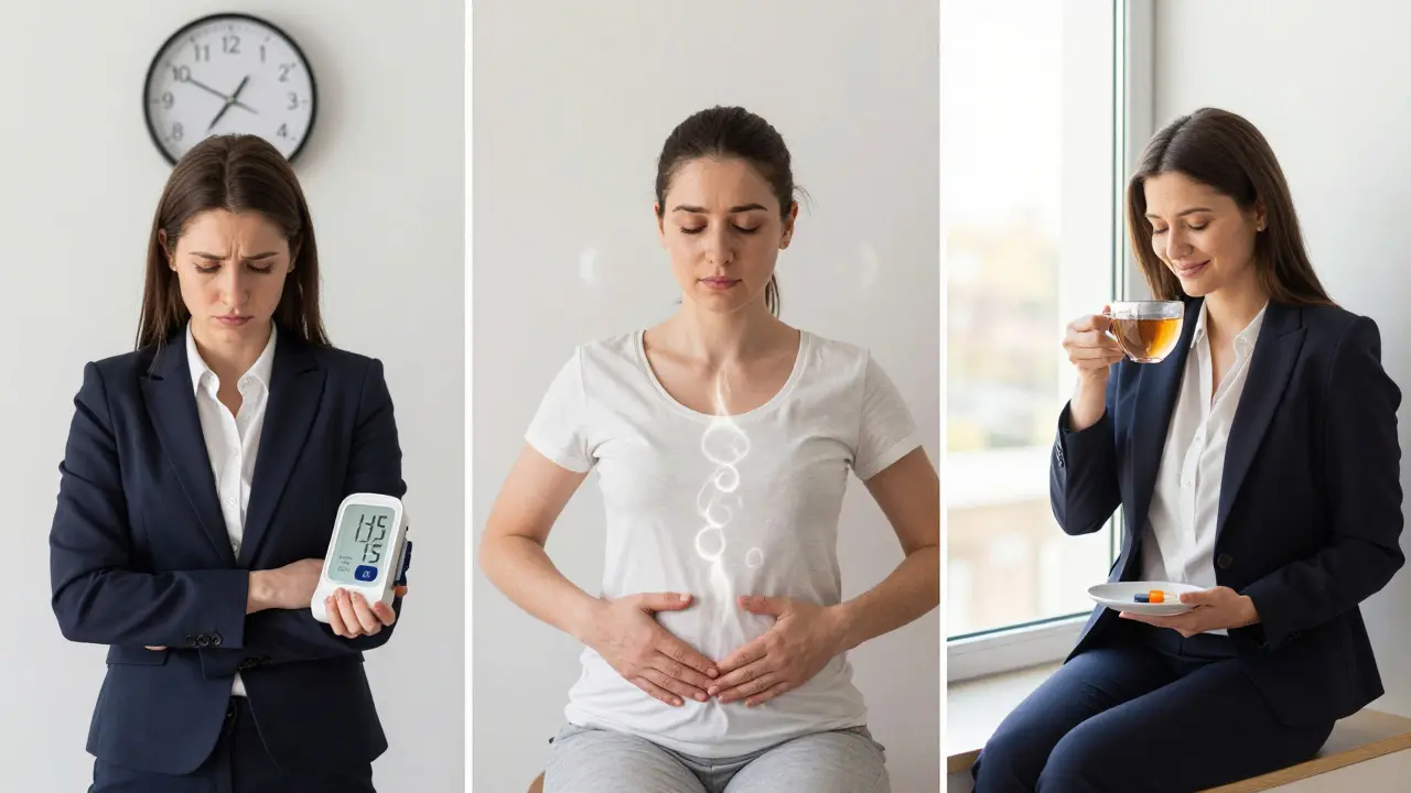 Tříčlenná scéna ukazující pokles krevního tlaku u ženy během šesti týdnů pravidelné tantrické masáže.
