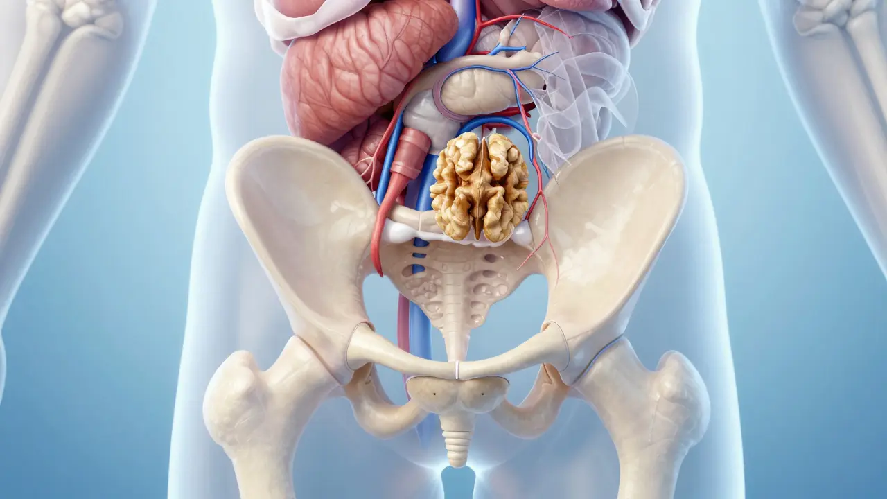 Anatomická 3D vizualizace prostaty a pánve muže pro vzdělávací účely.