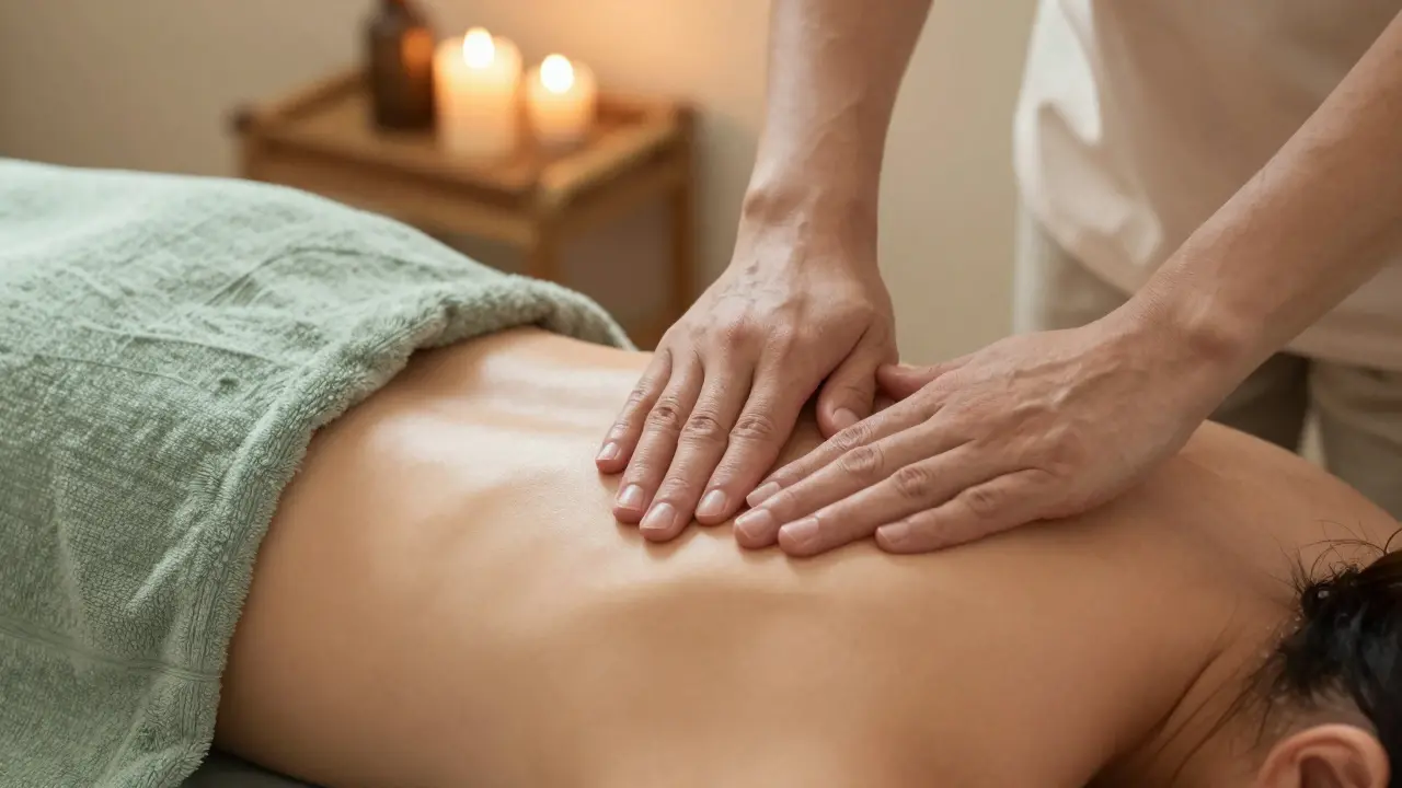 Detail jemné masáže ramen v profesionálním relaxačním prostředí.