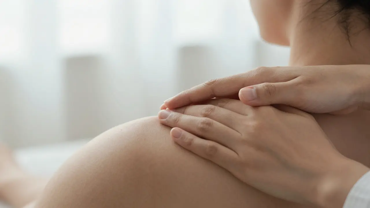 Detail jemného a vědomého doteku rukou terapeuta na rameni klienta v uklidňujícím prostředí.