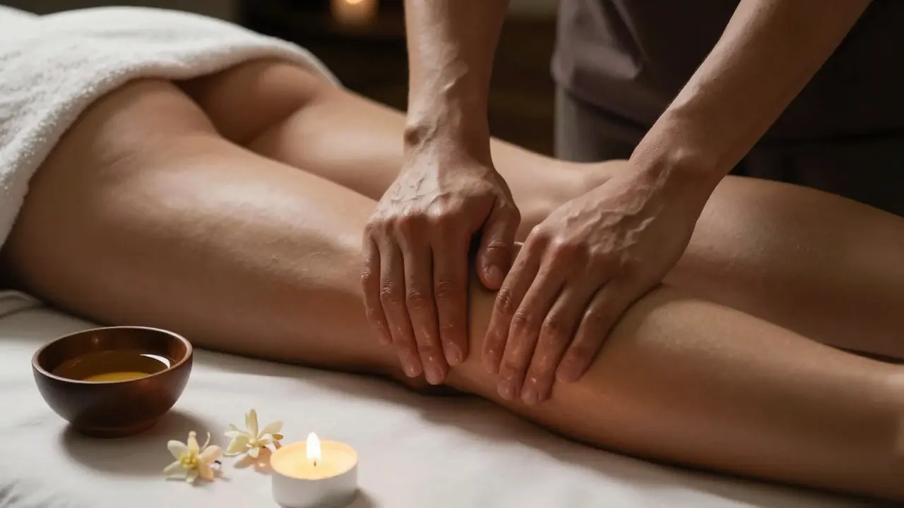 Detail rukou terapeuta při relaxační masáži s esenciálními oleji.