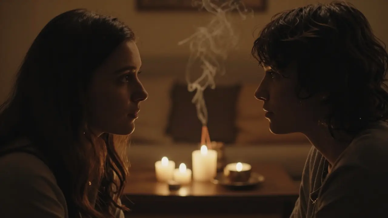 Detailní pohled do očí dvou lidí při hlubokém, tichém kontaktu v teplém světle svíček.