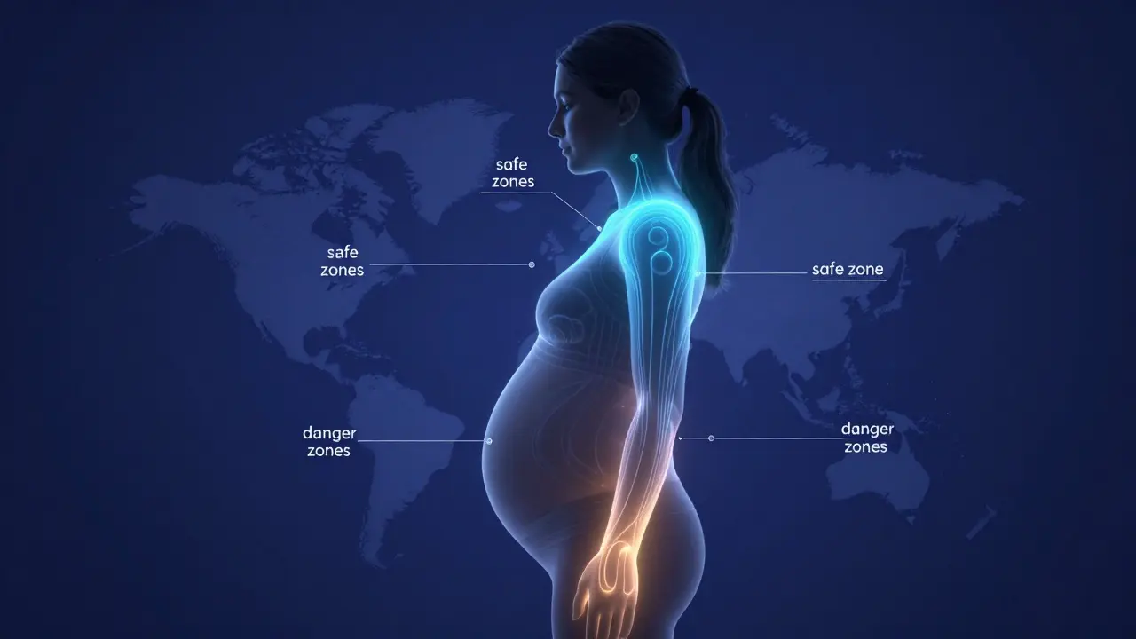 Konceptuální schéma těla těhotné ženy s označenými bezpečnými a rizikovými zónami.