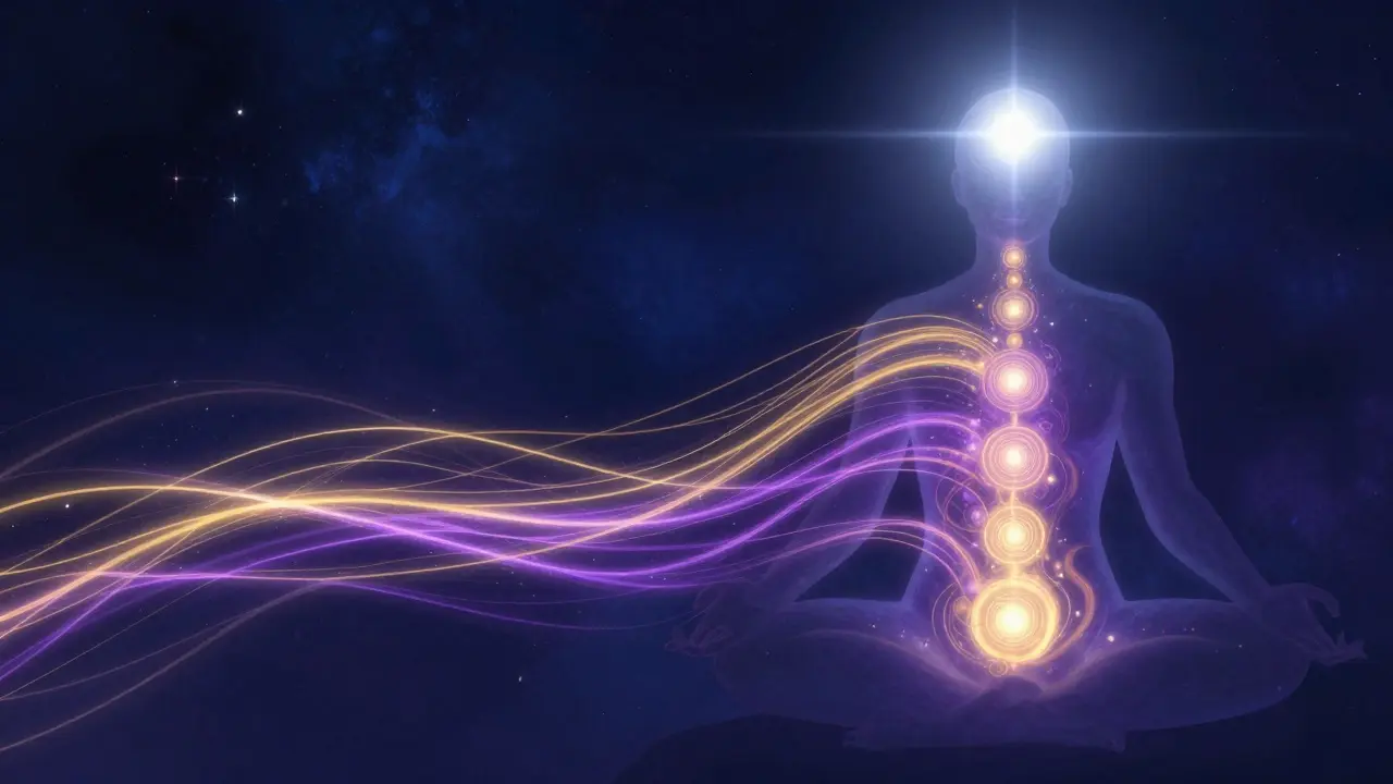 Konceptuální zobrazení proudění energie Kundaliní z pánve až po temeno hlavy.