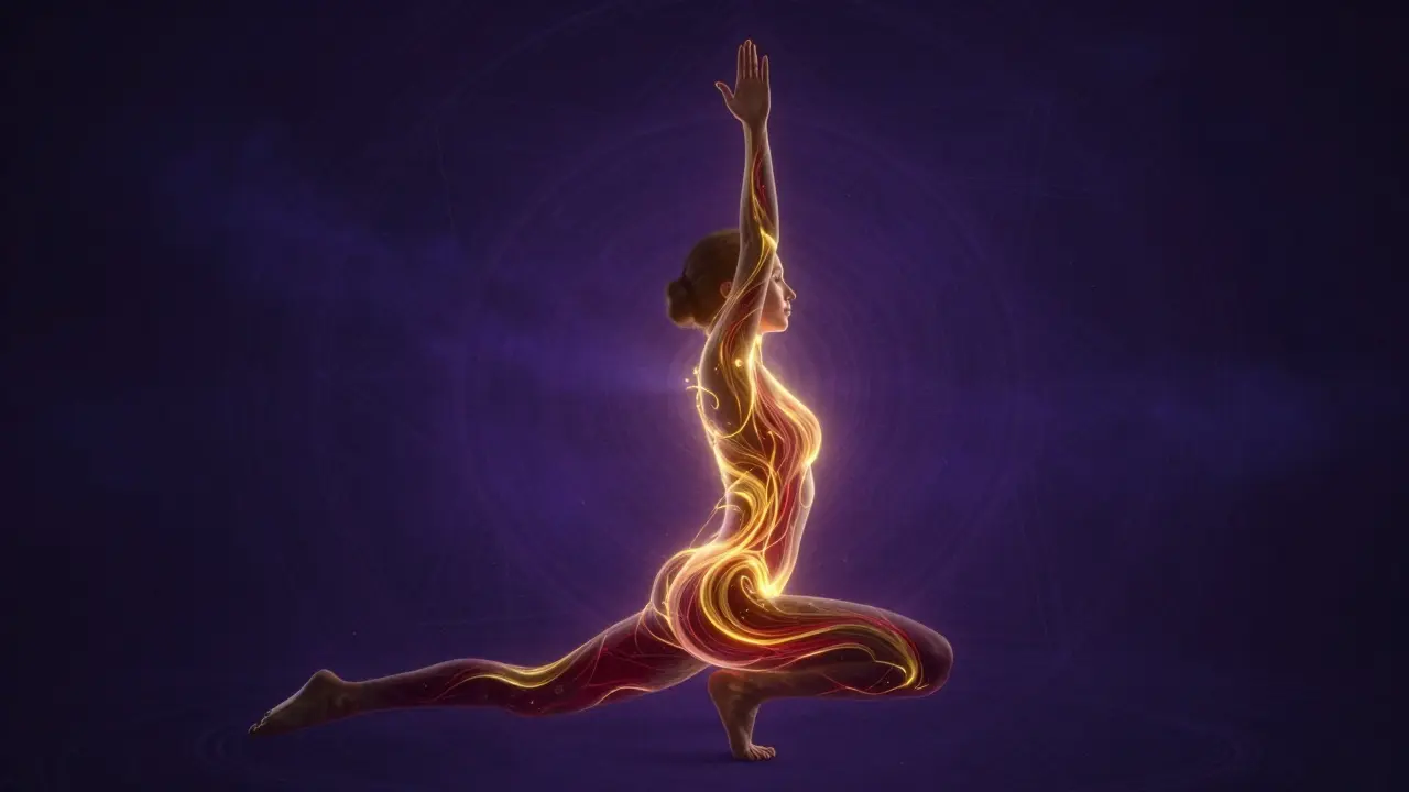 Kresba člověka v meditační póze s proudící zlatou a červenou energií v těle.