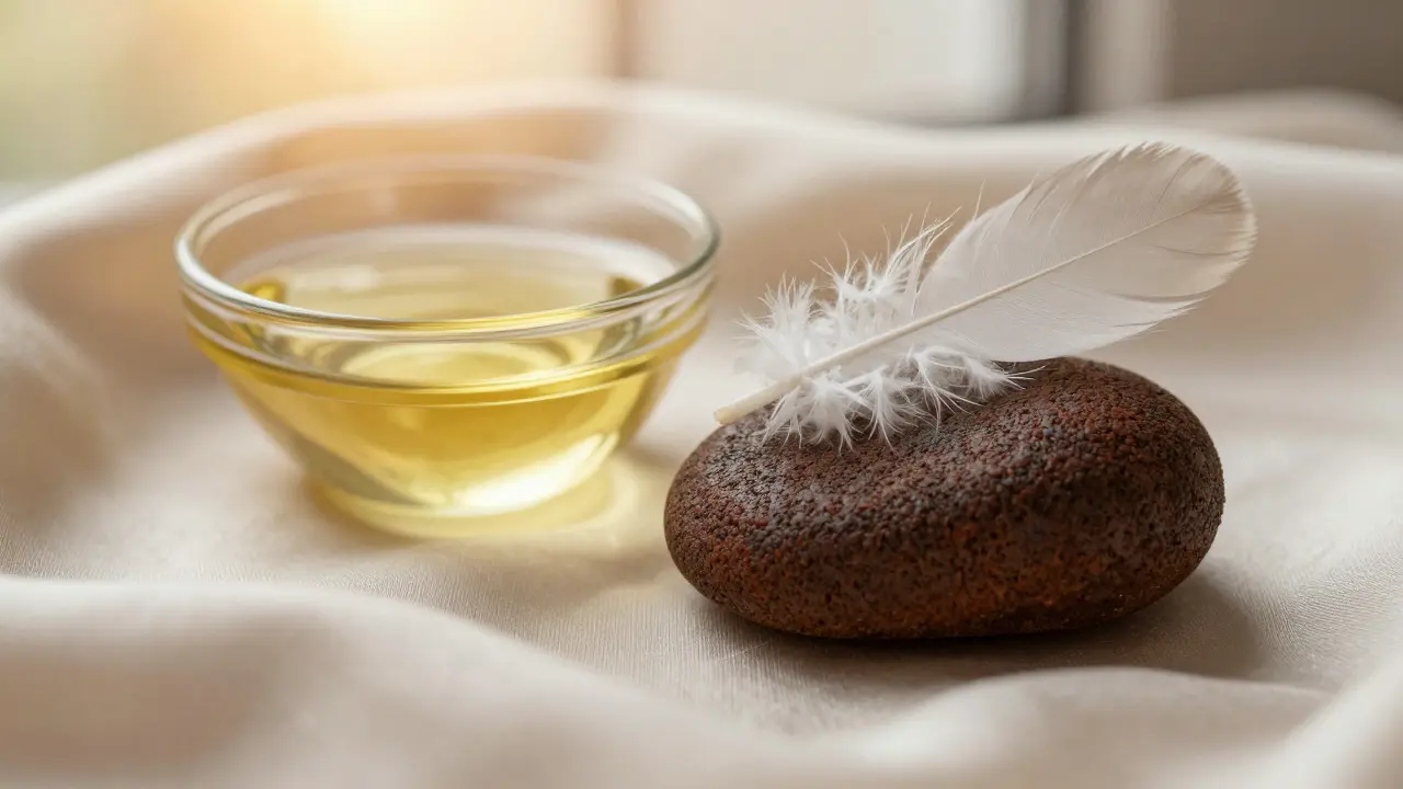 Peříčko, lávový kámen a aromatický olej symbolizující jemný vědomý dotyk.