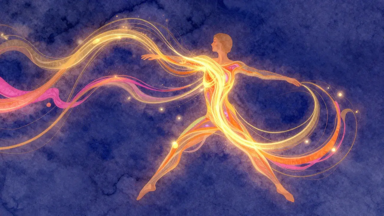 Postava člověka obklopená proudem zlaté a purpurové energie symbolizující uvolnění blokád.