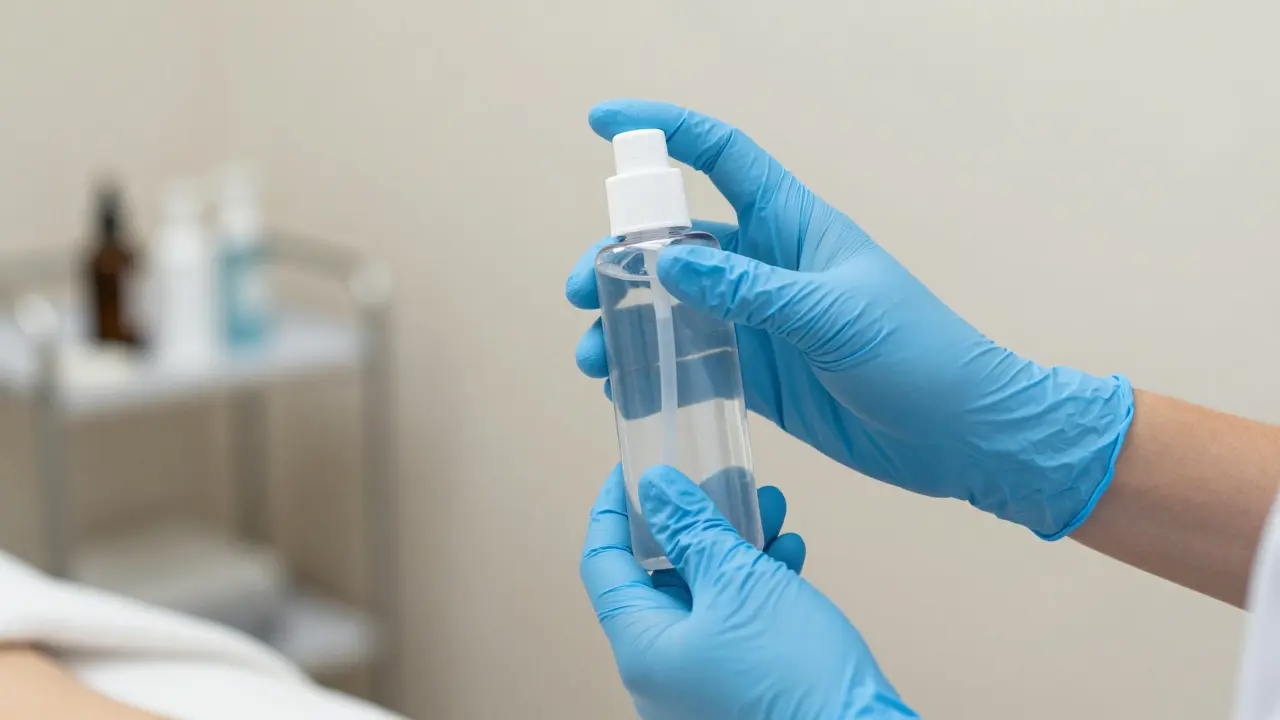 Rukavice maséra a lahvička s lubrikantem v profesionálním studiu.