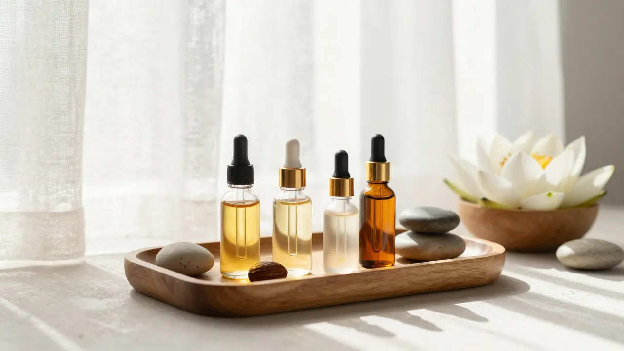 Sada přírodních masážních olejů s kameny a lotosem v přirozeném světle