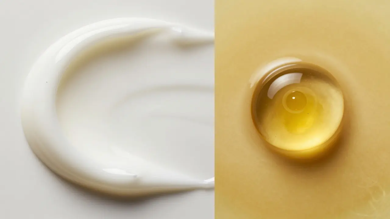 Umělecký detail textury bílého kokosového oleje a zlatavého arganového oleje