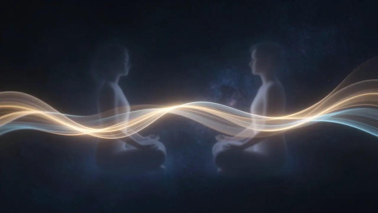 Abstraktní ilustrace energetického spojení mezi dvěma partnery v meditaci