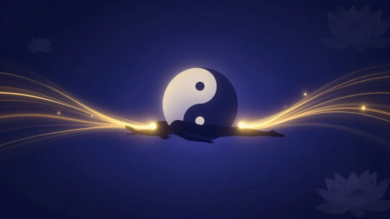 Abstraktní zobrazení toku energie a rovnováhy yin a yang při čtyřruční masáži