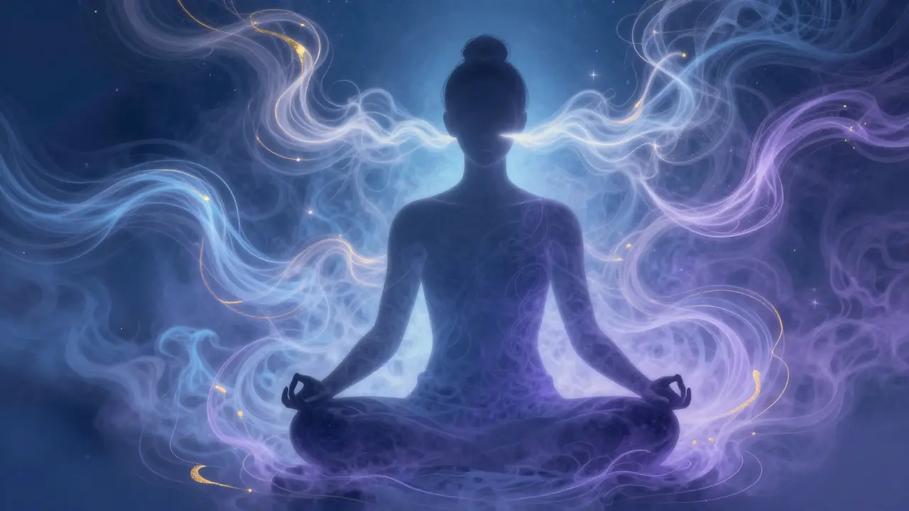 Silueta osoby v meditaci s vizualizací dechu