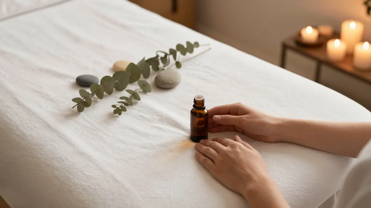 Uklizená masážní stolička v klidné atmosféře spa s oleji a svíčkami