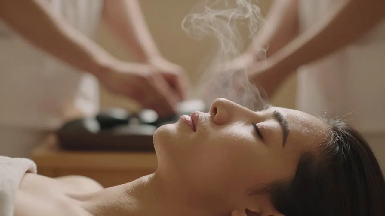 Uvolněný klient v páře s aromatickými oleji, atmosféra hluboké relaxace a klidu