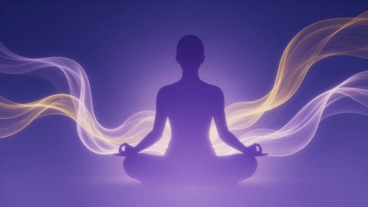 Silueta v meditaci obklopená energetickými paprsky klidu
