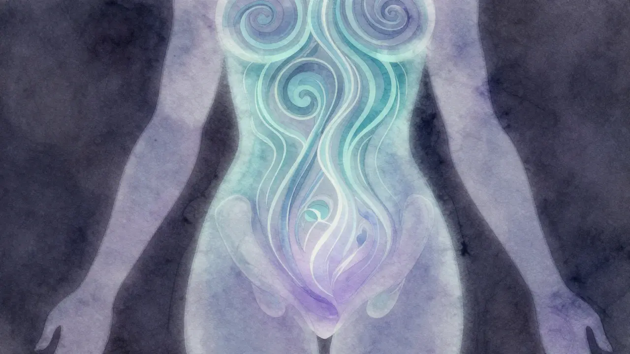 Abstraktní ilustrace dechu a energie proudící z pánevní oblasti