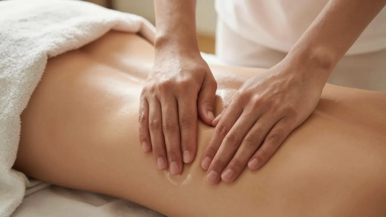 Detail rukou terapeuta provádějícího jemnou masáž pánevní oblasti s použitím oleje