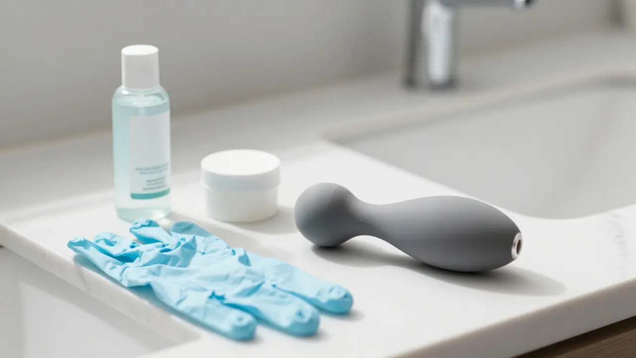 Hygienické pomůcky a masážní přístroj na čistém pultu