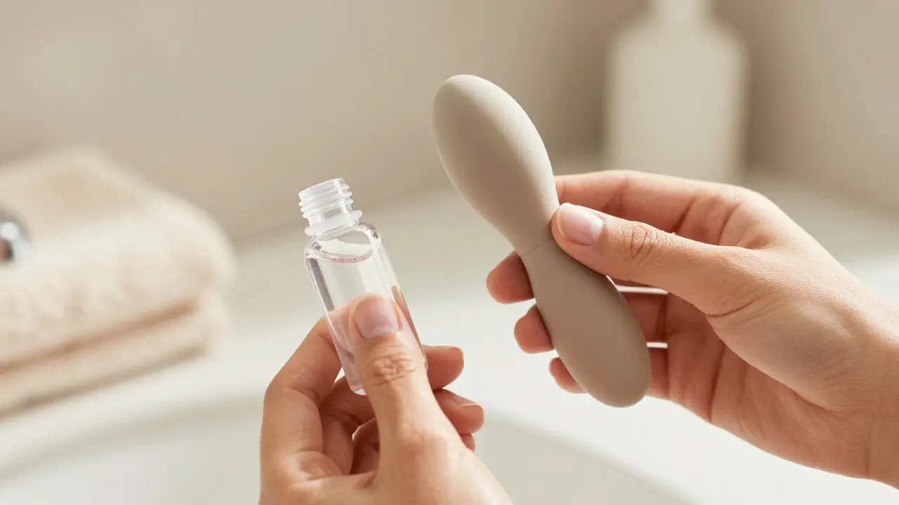 Hygienické přípravky a masážní pomůcka v koupelně