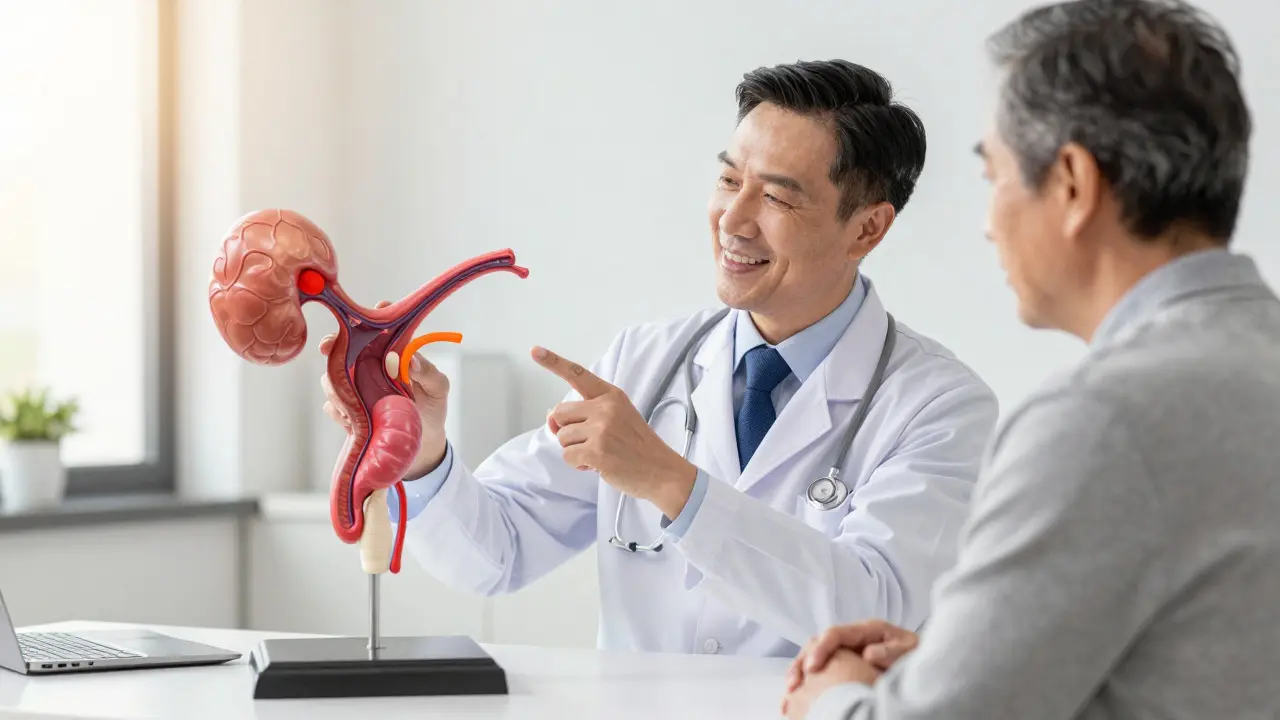 Urolog vysvětluje pacientovi stav prostaty pomocí modelu