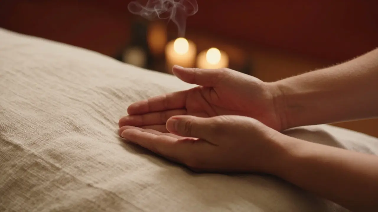 Záběr na jemný terapeutický dotek rukou symbolizující uvolnění energie