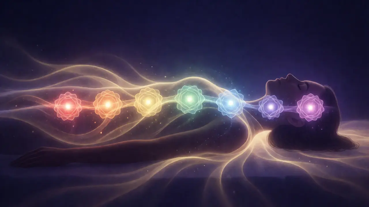 Konceptuální ilustrace svítících čakier a toku energie během tantrické masáže na tmavém pozadí.