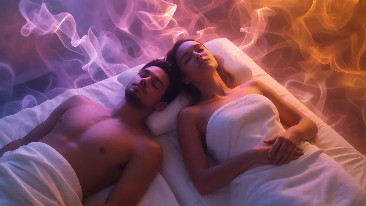 Relaxující pár při masáži obklopený barevnými vlnami vůní