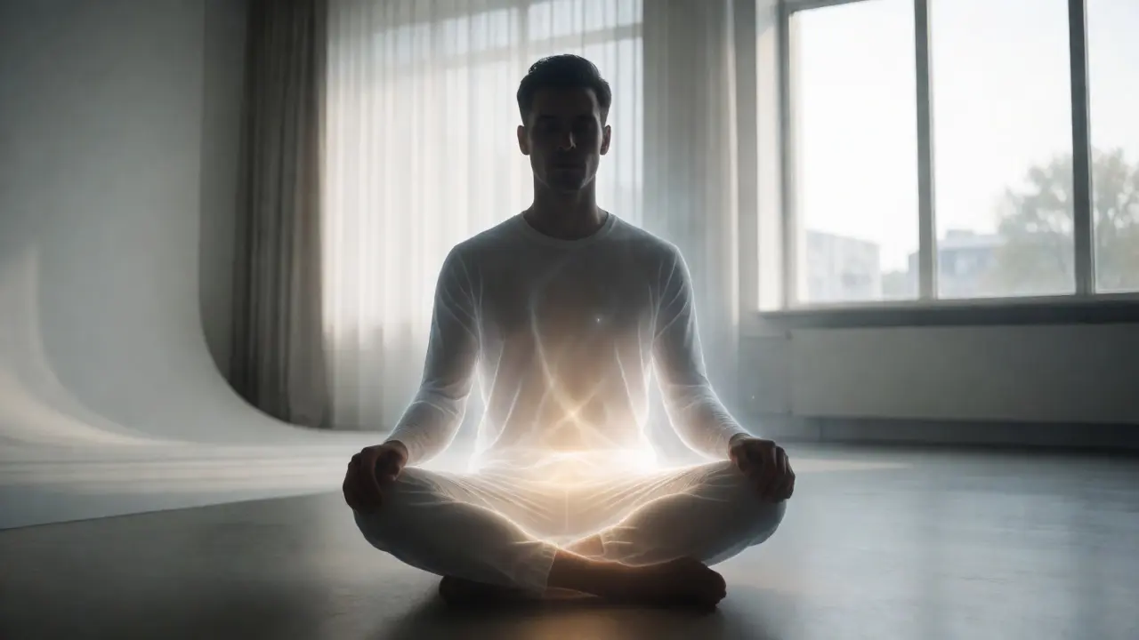 Silueta muže v meditaci s světlem v oblasti pánve