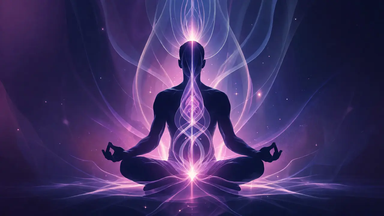 Abstraktní vizualizace mužské sexuální energie a meditativního stavu rovnováhy.