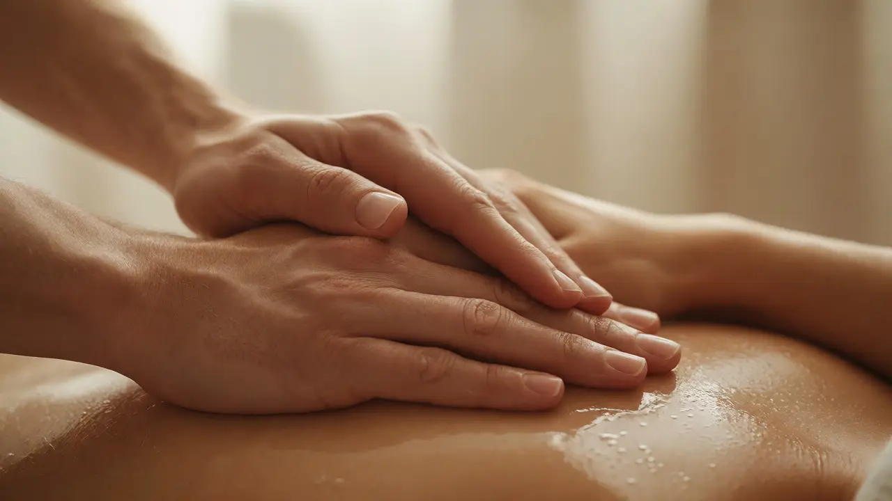 Close-up of hands touching during a partner massage, symbolizing inclusive intimacy.