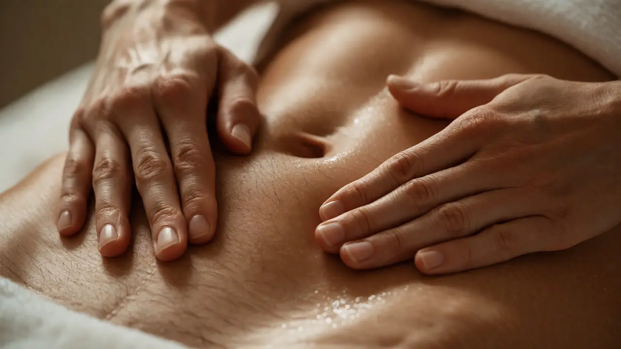 Detailní záběr na jemnou masáž pánevní oblasti pro zlepšení prokrvení a relaxaci.