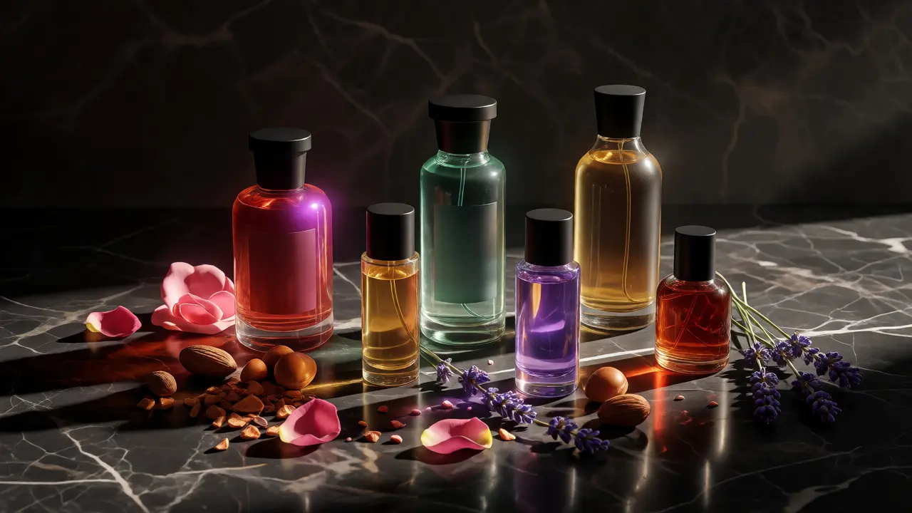 Elegantní sbírka masážních olejů obklopená přírodními ingrediencemi