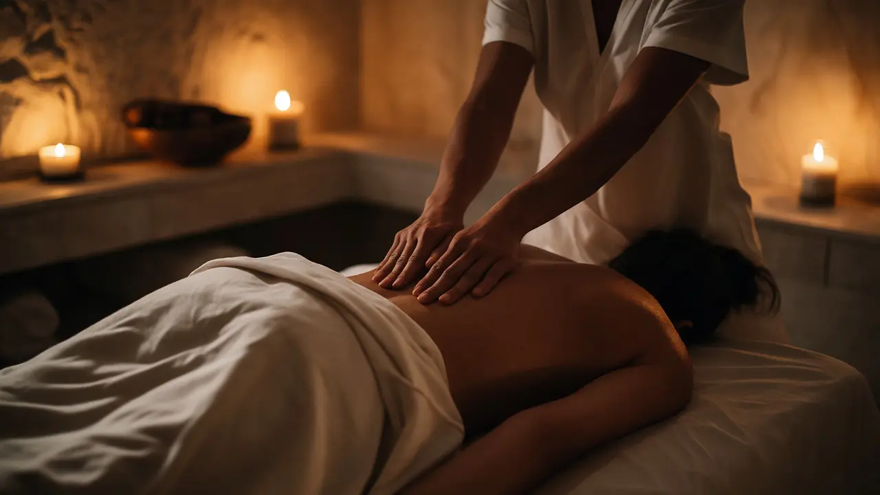 Terapeutické ruce při masáži s důrazem na soukromí a relaxaci